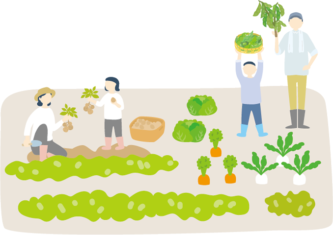 畑で収穫している家族のイラスト
