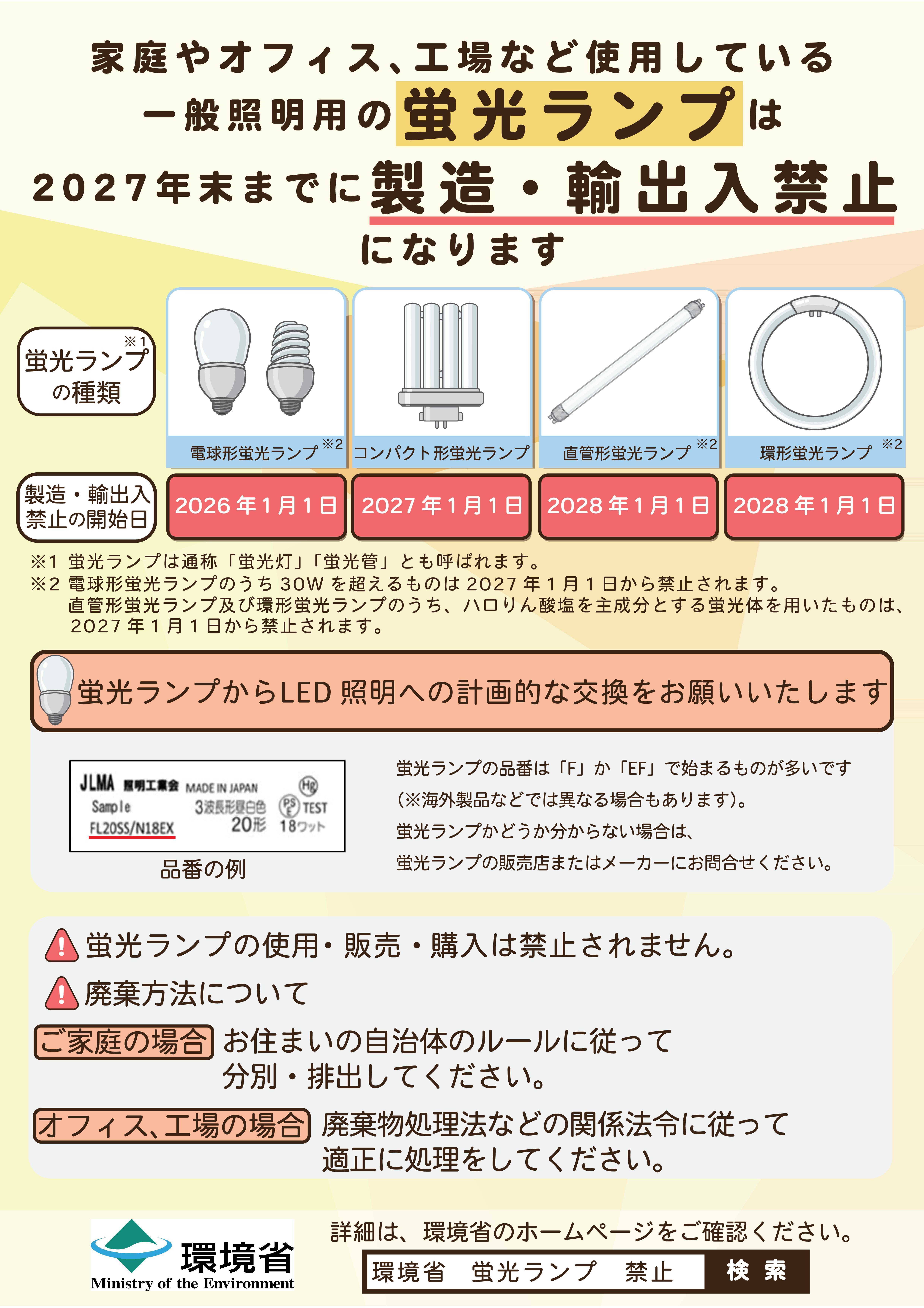 家庭やオフィス、工場など使用している一般照明賞の蛍光ランプは2027年末までに製造・輸出入禁止になります。蛍光ランプからLED照明への計画的な交換をお願いいたします。